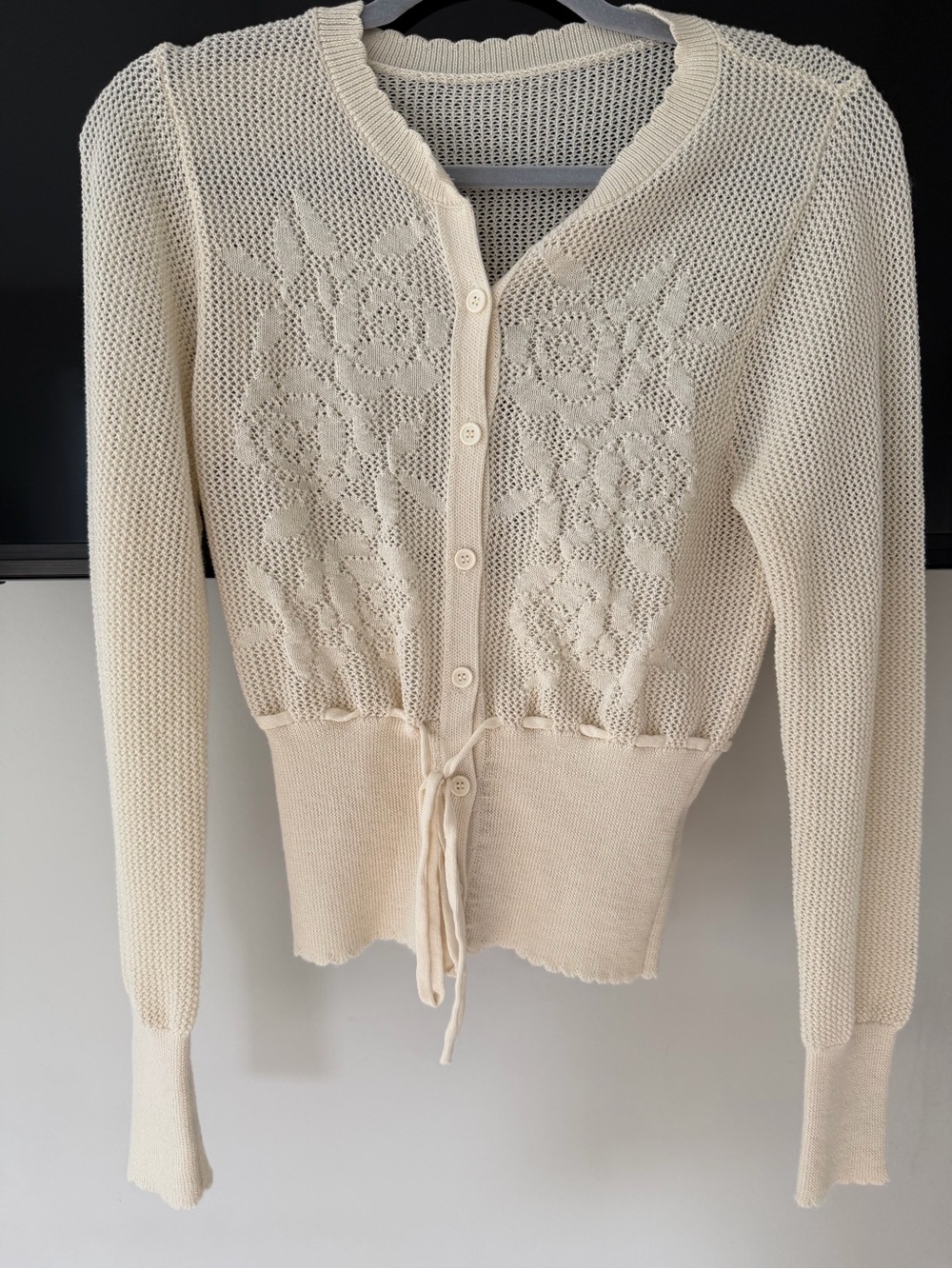 Cream Floral Pointelle Knit Cardigan Sweater